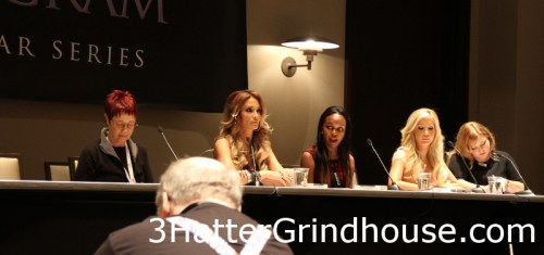 Constance Penley, Jessica Drake, Tenasha Darby, Tasha Riegn and Courtney Trouble (The suspenders belong to writer Mark Kernes one of the best in the business) Photo by Bill Knight