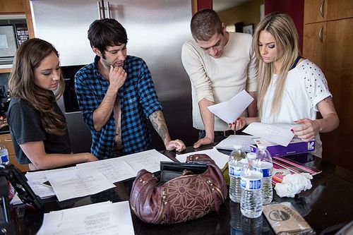 The cast going over the play before the sex arrives. Photo by Jeff Koga