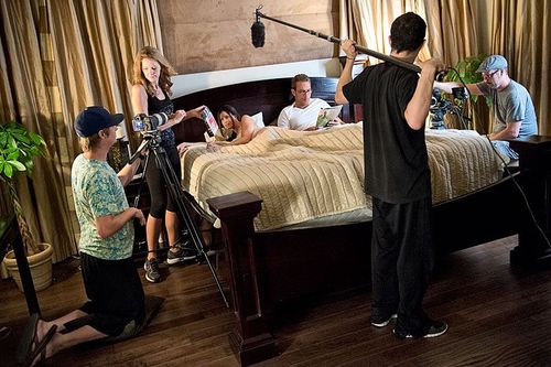 The crew setting up the opening shots with India and Steven settled in.