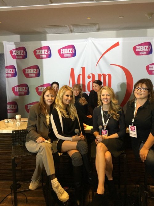 Heavy hitters in the feminist line-up of porn makers. Kelly Holland, jessica drake, Angie Rowntree, Jacky St. James, Kelly Shibari. Photo courtesy of Angie Rowntree